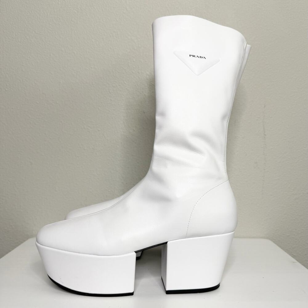 Prada Nappa Tech Triangle Logo White Chunky Platform Block Heel Boots IT Size 38 - Picture 6 of 16